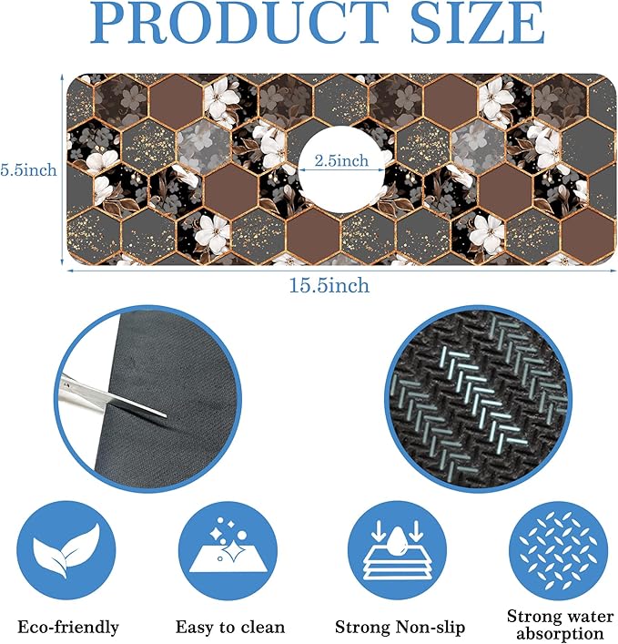 Hexagon Marble Texture Faucet Mat for Kitchen Sink White Flower, Soft Diatom Mud Material, Strong Water Absorption, Non-slip, Easy to Clean for Bathroom, Kitchen 15"X5.5"