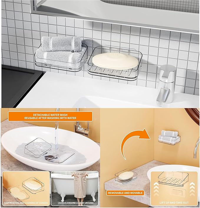 SuoXing 7 Pack Adhesive Corner Shower Caddies,100% Rustproof Acrylic Shower Shelves for Inside Shower,Large Capacity Plastic Wall Mounted Bathroom Shower Organizer with 8 Hooks,No Drilling,Clear