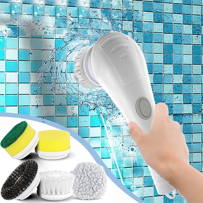 Generic Electric Rechargeable Cleaning Tools Electric Cleaning Brush for Bathroom Electric Cleaner with 5 Replaceable Shower Cleaning Brush Heads for Wall, Tile, Bathtub, Window, White