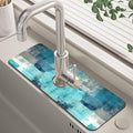 Abstract Teal and Grey Geometric Dish Drying Mat for Kitchen Sink Splash Guard Behind Faucet Sink Mat Absorbent Fast Drying Faucet Draining Mat for Bathroom Kitchen 5.5"×15"