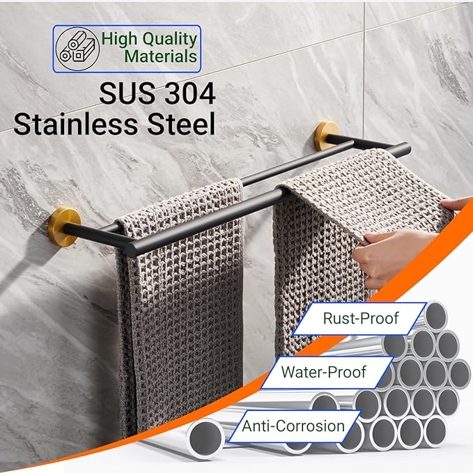 Miyili Double Bath Towel Bar 24-Inch Hand Towel Rack for Bathroom SUS 304 Stainless Steel Wall Mount Black & Gold, A01BG60B