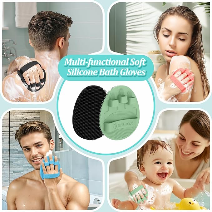Silicone Bath Glove & Face Scrubber Set 2PCS, 360° Anti-Slip & Hand-fit Body Scrubber for Rich Foaming Deep Cleaning, Unique Facial Scrubber with Side-bristles for Contoured Areas.(Green)