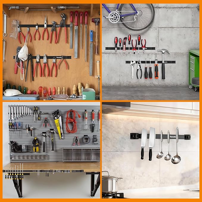 12" Magnetic Tool Holder Strip, 4 Pieces Black Metal Tool Organizer Rack with Stainless Steel Surface, Magnet Bar for Garage Workshop, Easy To Install with Mounting Screws