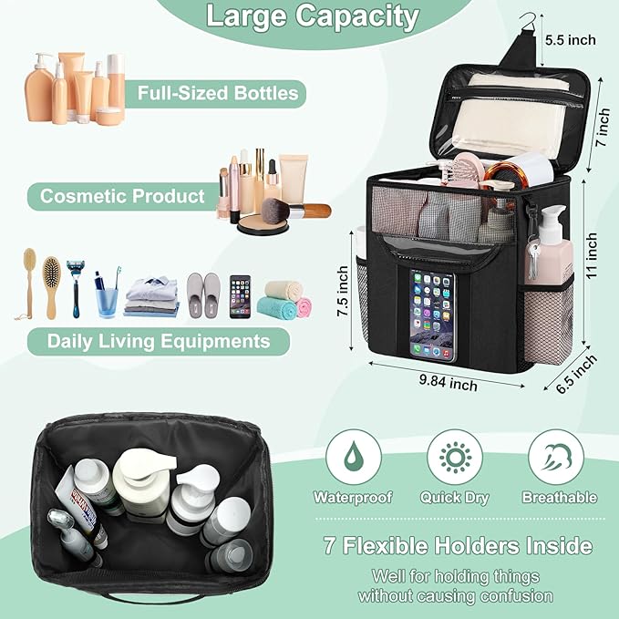 Portable Shower Caddy for Dorm Room Essentials, Foldable Mesh Shower Bag for College, Large Capacity Toiletry Bag Tote Bag Shower Caddy Portable for Student Boy Girl Bath Essentials (Black)