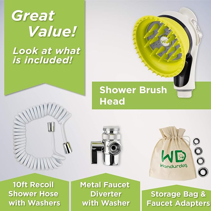 Wondurdog Quality Sink Faucet Pet Wash Kit with Splash Shield Handle and Rubber Grooming Teeth. Fits Kitchen, Bathroom, Utility & Laundry Sink Faucets. Bonus Garden Hose Attachment