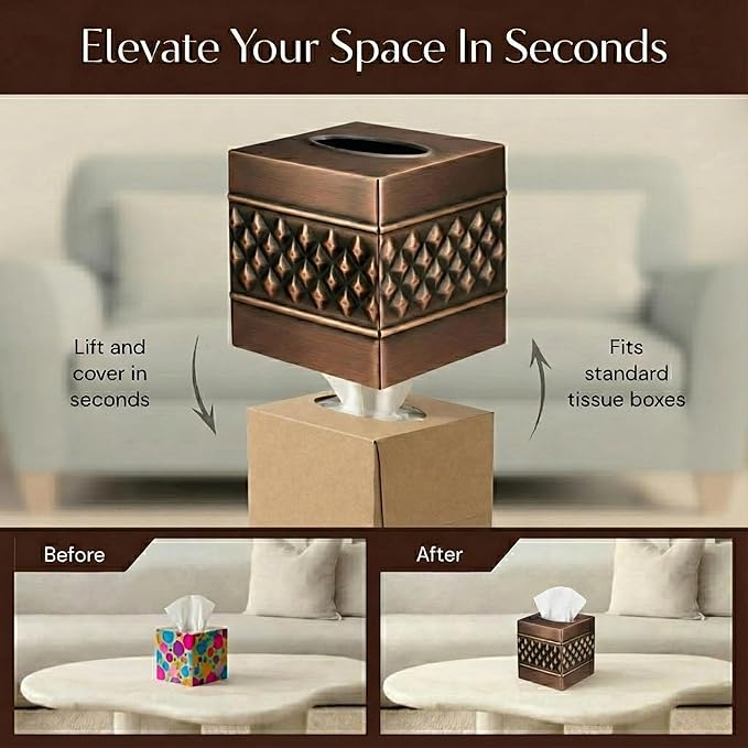 Monarch Abode Tissue Box Cover Square – Handcrafted Geo Embossed Antique Copper Metal Tissue Holder Box for Bathroom Accessory, Aesthetic Decorative Facial Napkin Cube for Modern Home Decor