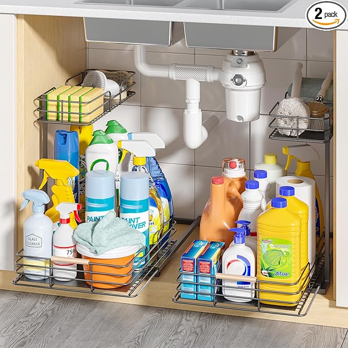LAMU 2Pack Under Sink Organizers and Storage, 2 Tier Bathroom Kitchen Cabinet Organizers and Storage, Pull Out Under Sink Storage Kitchen Shelf Organizer for Under Counter Storage Organizer