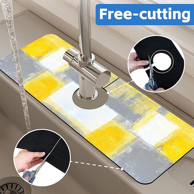 Grey and Yellow Abstract Kitchen Sink Splash Guard Mat Absorbent Fast Drying Mat Faucet Draining Mat Sink Splash Guard Behind Faucet Drip Catcher for Kitchen Bathroom 5.5"×15"
