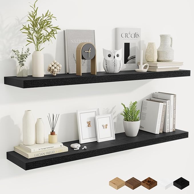 Fun Memories 48 Inch Deep Floating Shelves for Wall, 2 Pack of Long Wall Mounted Wood Shelves with Invisible Brackets for Bathroom, Bedroom, Living Room, Kitchen Decor and Storage, Black