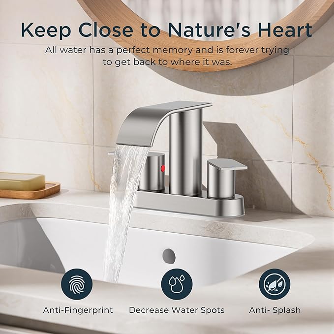 FORIOUS Brushed Nickel Bathroom Sink Faucet, Waterfall 4 Inch Centerset Bathroom Faucets with Metal Pop up Drain and cUPC Hose for Basin, Vanity, RV, Pedestal 2 or 3 Hole Sink, 2 Pack