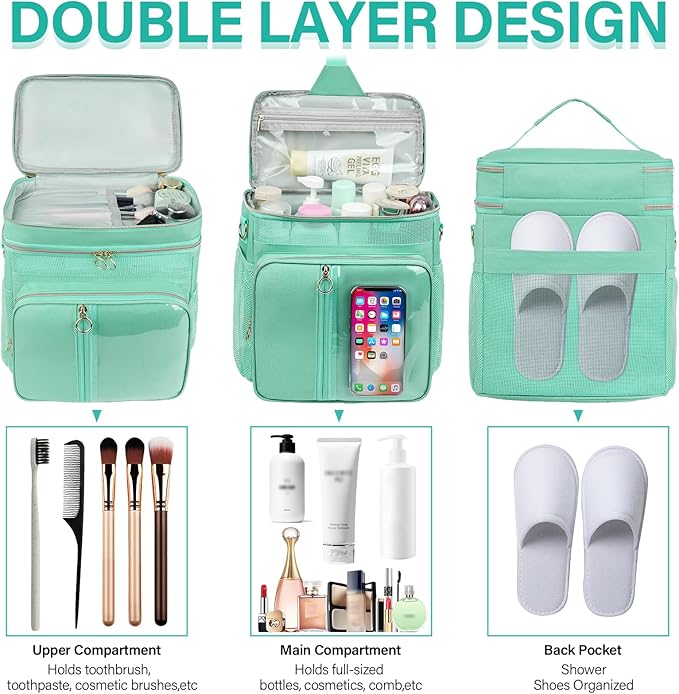 Portable Shower Caddy College Dorm Essentials, Large Toiletry Bag for Women Men, 2 Layers Quickly Dry Mesh Bathroom Tote Bag, Hanging Makeup Organizer Bag for Travel, Gym, Camping (Mint Green)