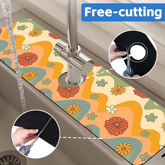 70s Groovy Flowers Sink Faucet Absorbing Mat Retro Waveas Splash Guard Behind Faucet Sink Mat Absorbent Fast Drying Faucet Draining Mat for Bathroom Kitchen 5.5"×24"