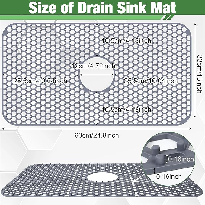 Sink Protectors Mat - 24.8"x13" Kitchen Sink Pad for Bottom of Basin for Protection of Stainless Steel and Tableware, Farmhouse Rubber Basin Mat Protector with Center Drain - Light Gray