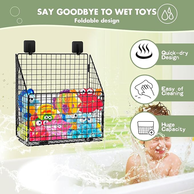 Large Bath Toy Storage, Metal Bathtub Shower Toy Holder, Foldable bath Tub Toy Organizers, Bathroom Toy Storage with Drainage for Sorting Toys/Clothes/Toiletries (2pc black)