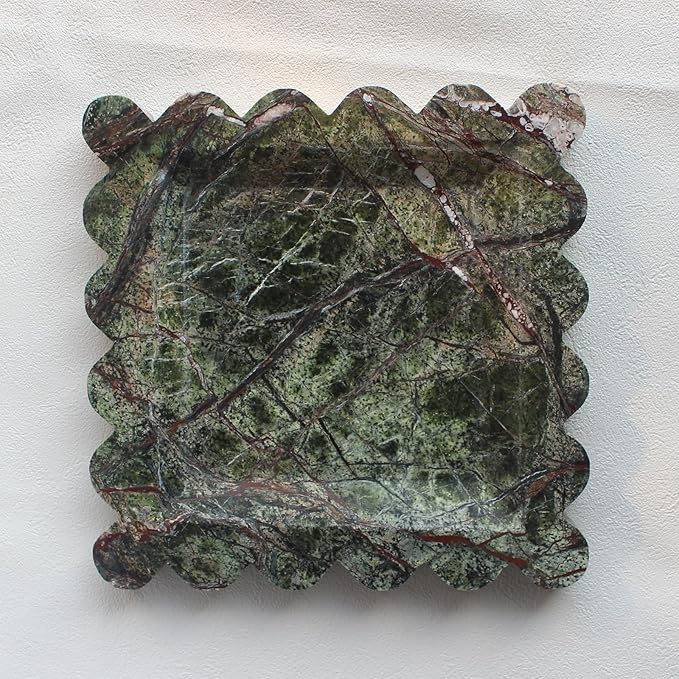 Natural Luxury Marble Tray with Scalloped Edge, Handmade Square Decorative Tray, Catch All Tray for Counter, Dresser, Nightstand and Home Décor (Rain Forest Green)