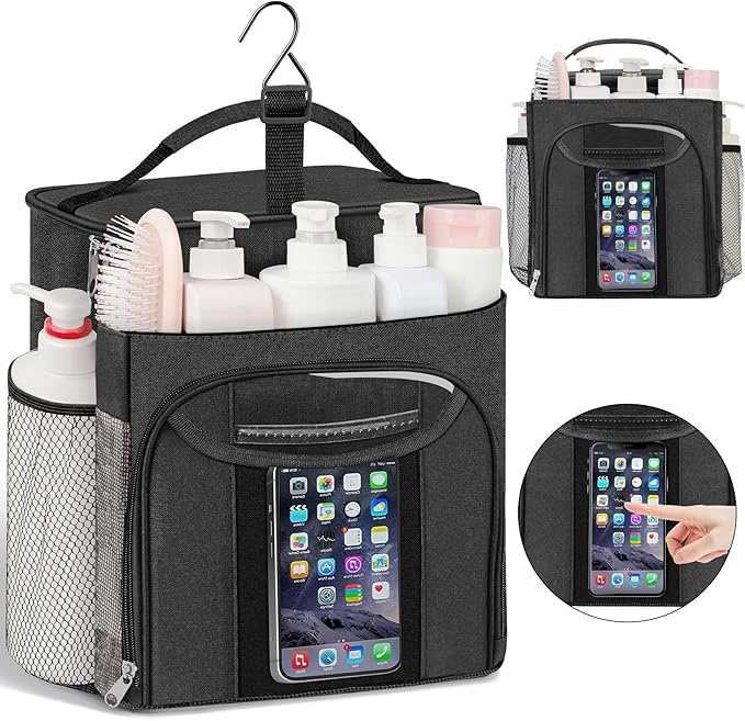 Attmu Mesh Shower Caddy Portable for Dorm College Essentials, Large Capacity Separate Compartment Hanging Toiletry Bag for College Student Camping Gym Travel Essentials (Black)