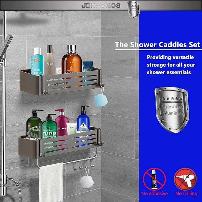 Corner Shower Caddy Suction Cups, Corner Shower Shelf Set, No-Drilling Removable for Kitchen & Bathroom Organizer (1Pack Gunmetal Gray-rectangles)