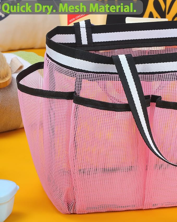 Ocim Large Portable Mesh Shower Caddy Bag Tote for Big Size Shampoo Bottles, Collapsible Quick Dry for College Dorm, Camping, Beach Pool Bathroom, Pink