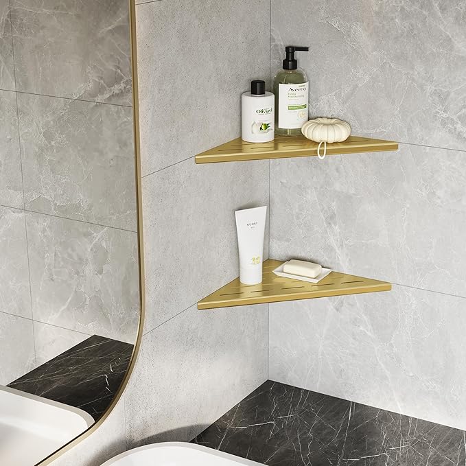 Neodrain 12 Inch Golden Corner Shower Shelves,Set of 2, Corner Shelf for Tile Wall Insert, 304 Stainless Steel Shower Storage Shelves for Bathroom,No Drilling