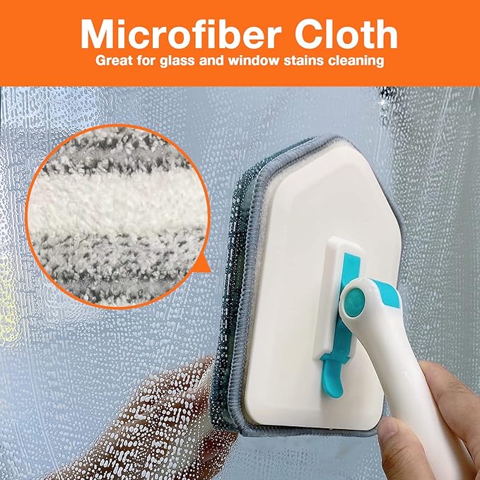 3 in 1 Scrub Cleaning Brush with Long Handle 51'' - Shower Bathtub Tub & Tile Scrubber Brush Include 1 Stiff Brush Head & 3 Scouring Pads & 3 Microfiber Clothes, for Wall Bathroom Glass Bathtub(White)