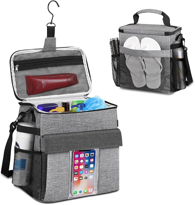Portable Shower Caddy Tote Bag, Large Quick Dry Mesh Hanging Shower Organizer Toiletry Bag with Wet & Dry Shoes Compartment for College Dorm Gym Swimming Camping Travel, Gray