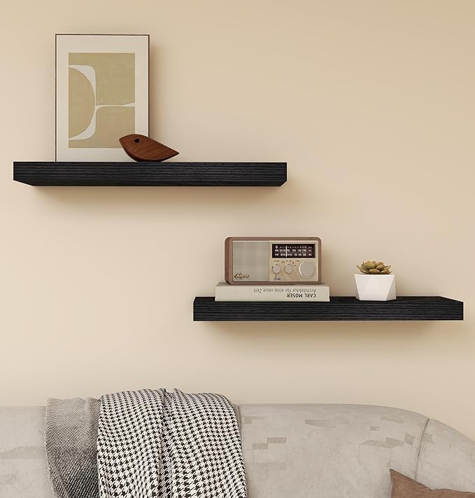 Vervida® Floating Shelves for Wall 2 Set of 24 W x 5.8" D for Kitchen, Living Room,Bathroom,Office,Bedroom Storage Shelves for Home Decor with Invisible Brackets Black Shelves for Wall Storage