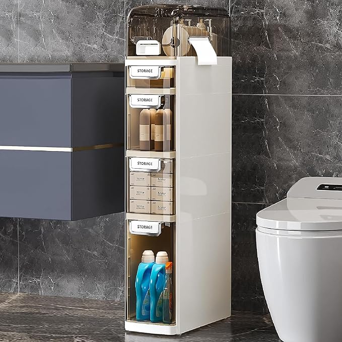 VECELO 5-Tier Narrow Toilet Storage Cabinet, Plastic Slim Toilet Paper Storage with Drawers & Wheels, Space-Saving, for Small Spaces, Laundry Room, Kitchen, Office, White