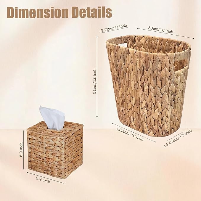 PINXIURY Water Hyacinth Tissue Box Cover, Natural Handmade Wicker Napkin Box Holder and Bathroom Wicker Trash Can, Handwoven Wicker Waste Basket with Handles for Bedroom, Kitchen, Office and Bathroom