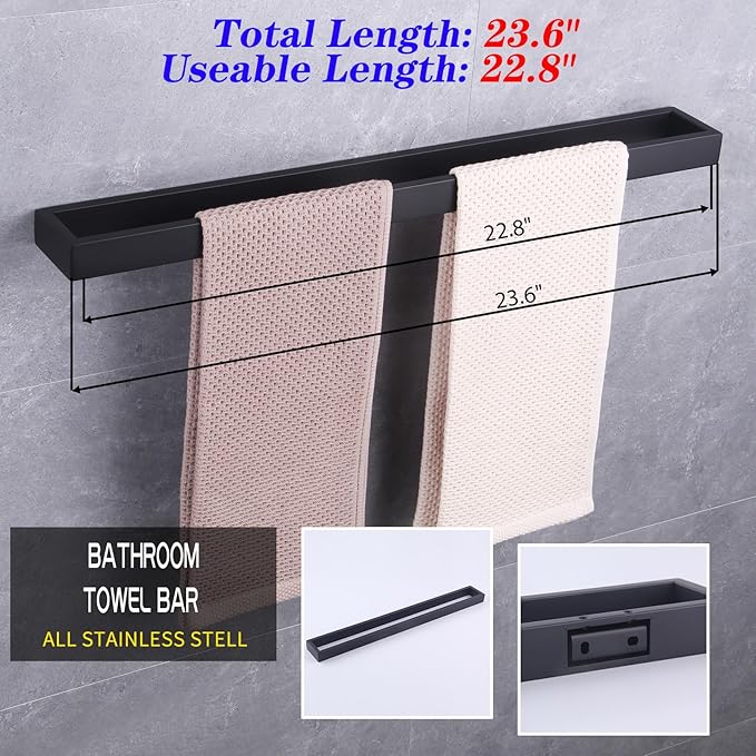 GERZWY 24-Inch Bathroom Towel Bar Stainless Steel Bath Towel Rack Contemporary Style Wall Mount Matte Black HG1701(60)-BK
