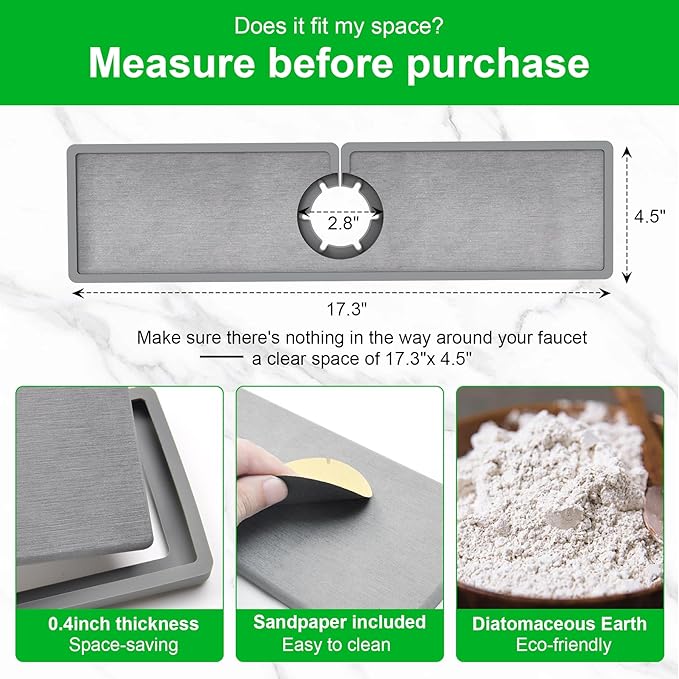 Gosmol Faucet Mat - Silicone & Stone Drying Mat, Water Absorbing Stone Tray - Prevents Moisture Buildup - Sink Splash Guard - Grey