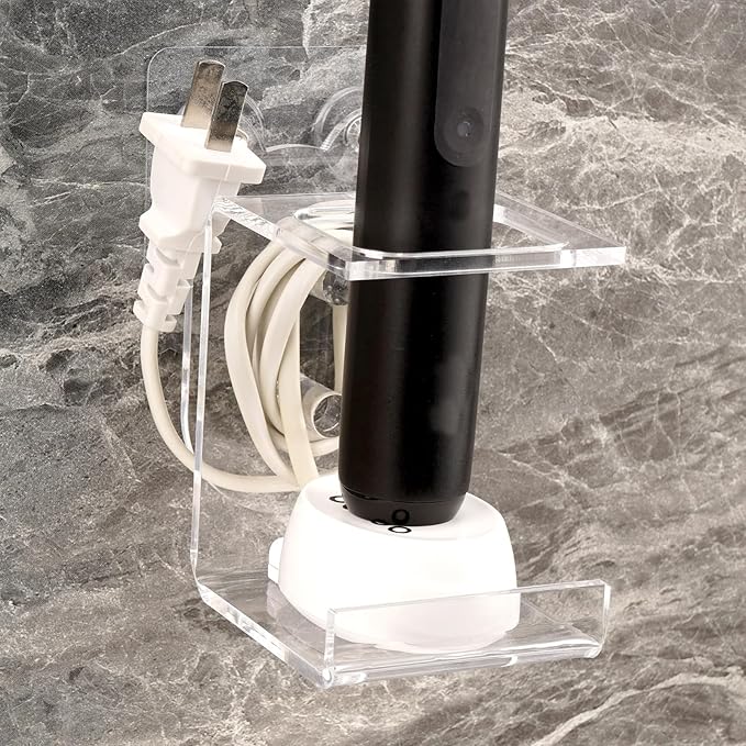 Electric Toothbrush Holder Wall Mounted, Electric Toothbrush Cord Organizer Holds 1 Chargers, Self Adhesive Electric Toothbrush Stand for Bathroom, Medicine Cabinet, Dorm(Clear)