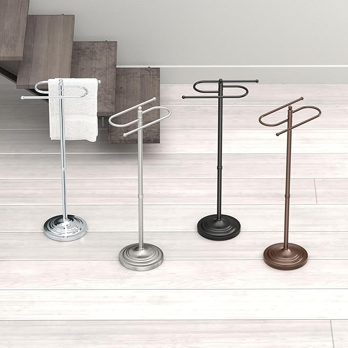 Gatco 1505, Modern Round Base Floor Standing S Style Towel Holder, Chrome / 38" H Freestanding Hand Bath Towel Stand for Bathroom