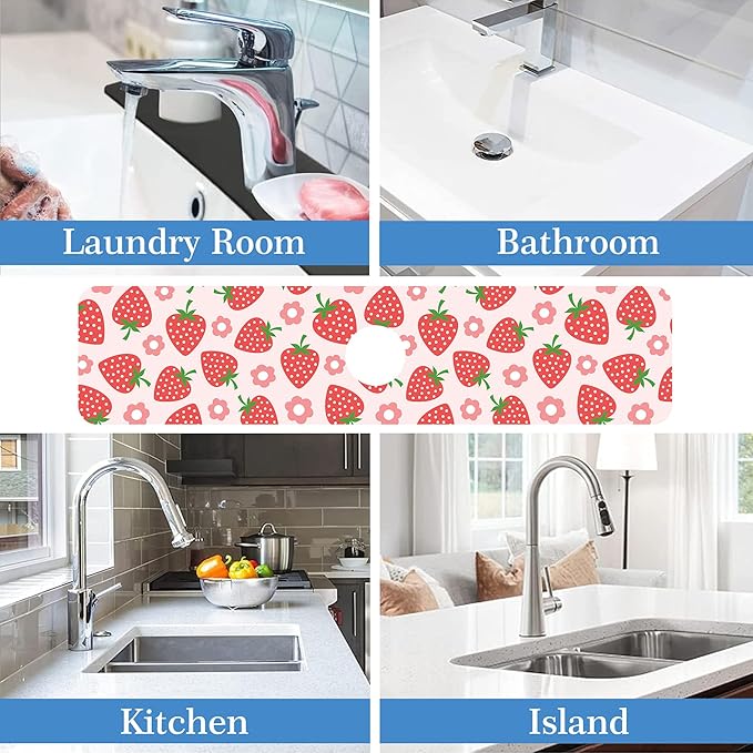 Faucet Mat for Kitchen Sink Beautiful Strawberry Flower, Soft Diatom Mud Material, Strong Water Absorption, Non-slip, Easy to Clean for Bathroom, Kitchen 23.5"X5.5"