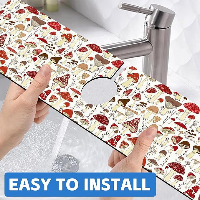 Cartoon Mushrooms Dish Drying Mat for Kitchen Sink Splash Guard Behind Faucet Sink Mat Absorbent Fast Drying Faucet Draining Mat for Bathroom Kitchen 5.5"×24"