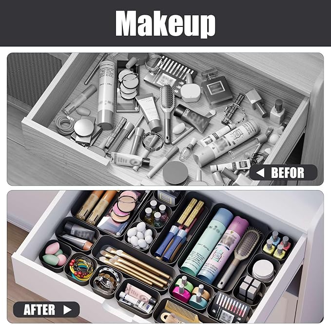 Plastic Drawer Organizers, 28 PCS Drawer Organizer Bins, Bathroom and Vanity Organizer Plastic Tray, Makeup organizer and storage for Makeup, Bedroom, Kitchen Gadgets Utensils and Office