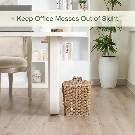 Wicker Trash Can with Lid and Liner - Rattan Trash Can for Bathroom - Decorative Wicker Waste Basket for Bedroom, Kitchen and Office (Natural Seagrass)