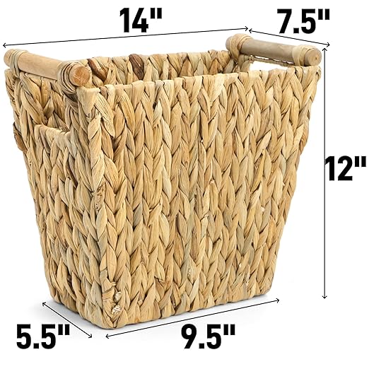 Woven Waste Basket, Water Hyacinth Trash Can with Wooden Handles, Boho Handwoven Storage Container, Rustic Bathroom Garbage Bin, Decorative Magazine Holder for Home, Bedroom, Laundry, Office