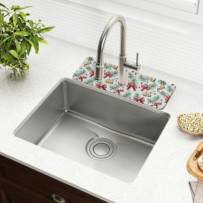 Bows Holly Bell Beige Gingerbread Snowflakes Kitchen Sink Splash Guard Sink Faucet Mat Faucet Handle Drip Catcher Drain Mats for Kitchen Bathroom Countertop Absorbent Dish Drying Pad 2Pack 14