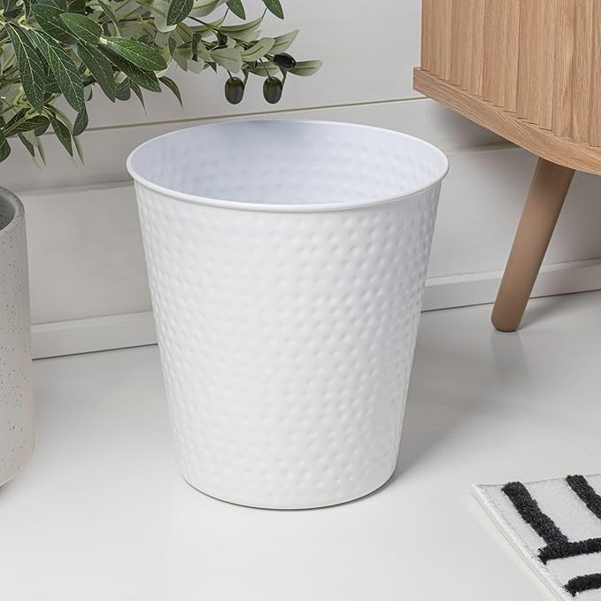 happimess HPM1110D-SET2 Axel Modern Minimalist Hammered Steel 2 Gal Waste Bin for Kitchen, Office, Bathroom, Bedroom, Dorm, Matte White (Set of 2)