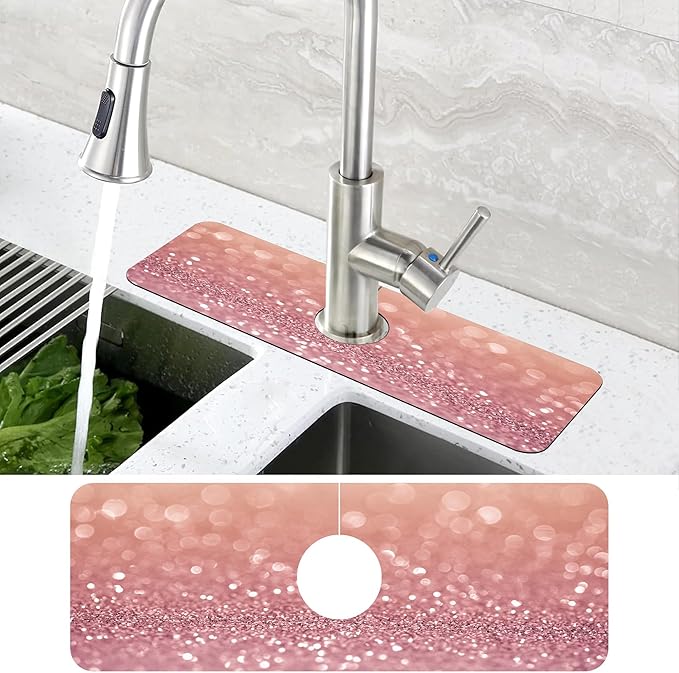 Abstract Pink Glitter Diamond Sink Faucet Absorbing Mat Sink Splash Guard Faucet Mat Draining Mat Fast Drying Sink Protectors for Kitchen and Bathroom 5.5"×15"