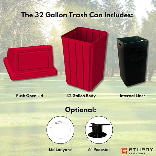 Campus Collection 32 Gallon Square Slatted 100% Recycled Plastic Heavy Duty Outdoor Trash Can with Push Top Lid - Great for Schools and Businesses - Red