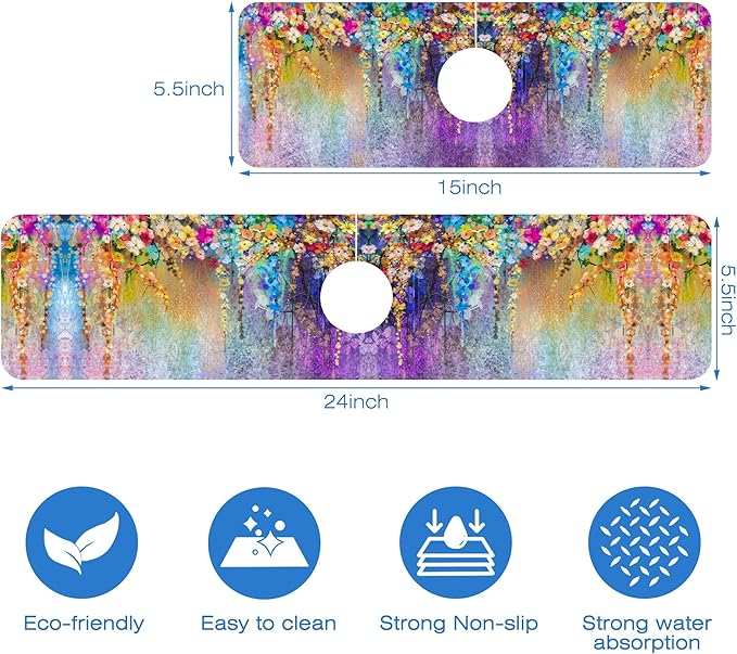 Abstract Watercolor Flowers Dish Drying Mat for Kitchen Sink Splash Guard Behind Faucet Sink Mat Absorbent Fast Drying Faucet Draining Mat for Bathroom Kitchen 5.5"×15"