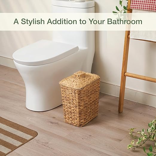 Wicker Trash Can with Lid and Liner - Rattan Trash Can for Bathroom - Decorative Wicker Waste Basket for Bedroom, Kitchen and Office (Natural Hyacinth)