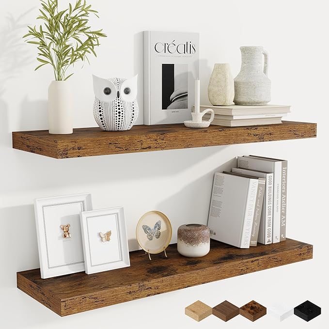 Fun Memories Floating Shelves for Wall, 32 Inch Rustic Wood Wall Mounted Shelves for Bathroom, Bedroom, Kitchen, Living Room, Deep Floating Shelves for Storage & Home Decor (Brown,Set of 2)