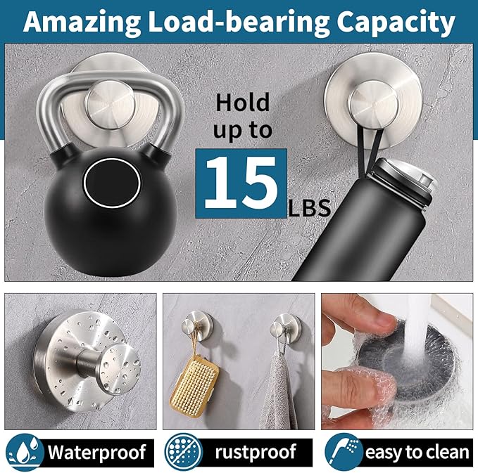Suction Cup Hooks for Shower 2 Pack Stainless Steel No Drill Removable Waterproof Rustproof for Bathroom Kitchen Glass Mirror Tile to Hang Towels Robes Loofah Wreath (Brushed Silver)
