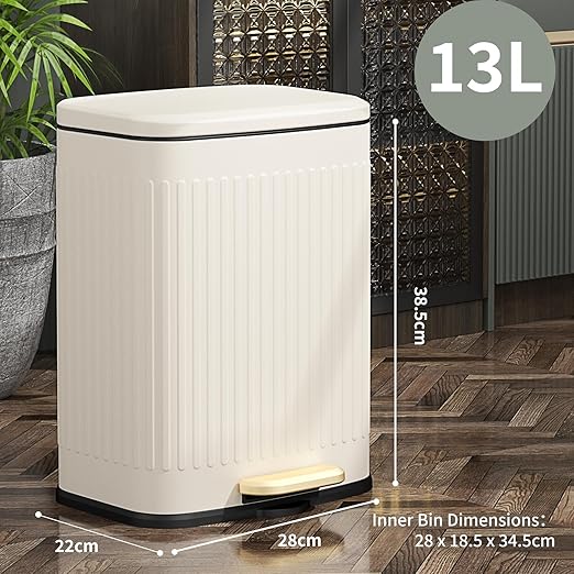 MRBIN Metal Bathroom Trash Can with Lid, Step Small Kitchen Waste Basket Touchless Soft Close, 12L / 3.2gal Rectangle Garbage Bucket with Stainless Steel Pedal for Office, Bedroom Accessories, White