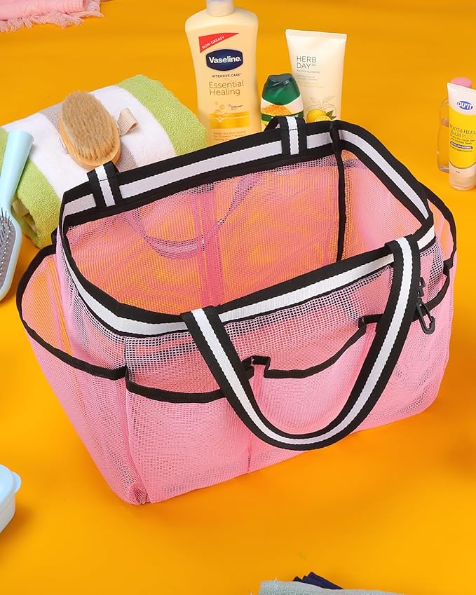 Ocim Large Portable Mesh Shower Caddy Bag Tote for Big Size Shampoo Bottles, Collapsible Quick Dry for College Dorm, Camping, Beach Pool Bathroom, Pink