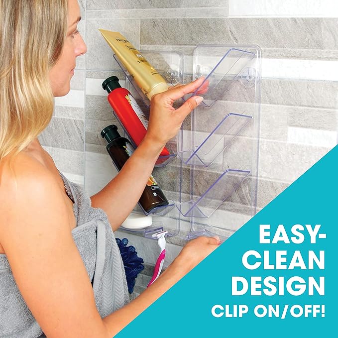 ShowerGem Easy Clean Shower Caddy, 2 Pack Durable Rustproof Bath Organizer, No Suction Cups, No Screws, Wall Mounted Adjustable Shower Rack, Acrylic Shelves As Seen On Instagram