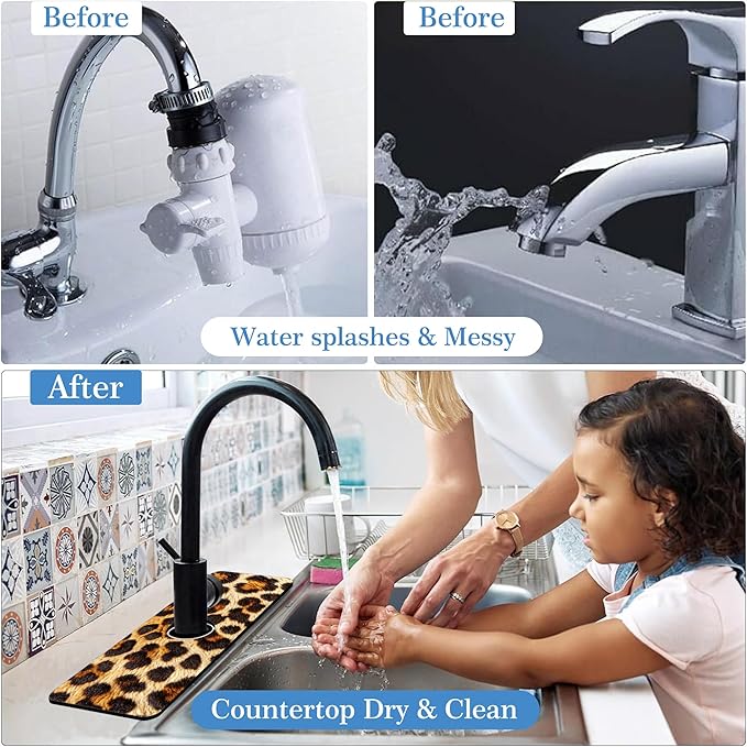 Faucet Mat Splash Guard Leopard Fur Animal Texture, Soft Diatom Mud Material, Strong Water Absorption, Non-slip,Easy to Clean for Bathroom, Kitchen 15"X5.5"