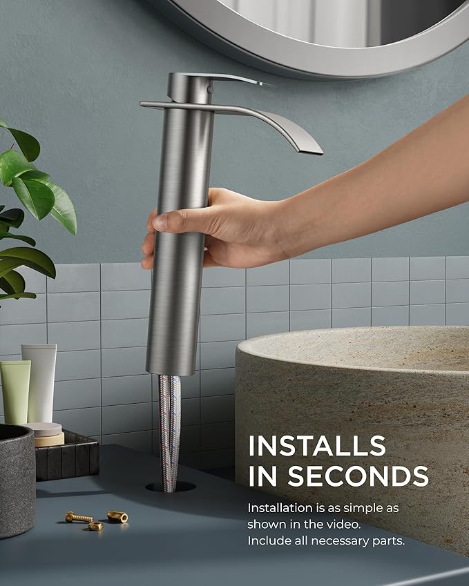 FORIOUS Waterfall Bathroom Vessel Sink Faucets with Metal Pop up Drain and Lead-Free cUPC Hose, Chrome Single Handle Tall Bathroom Faucet 1 Hole, 11inch for Bath,Vessel
